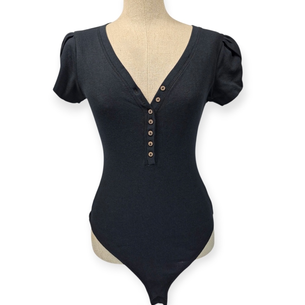 Free People Intimately Mia Thong Bodysuit Tulip Sleeve Black Size S